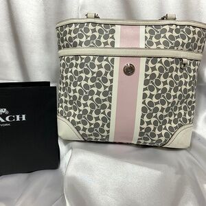 Coach 2 top handle satchel with cream/gray signature print & Pink /cream stripe